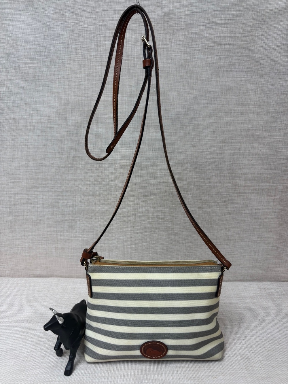 Dooney & Bourke Gray & Cream Striped Canvas Crossbody with Leather Trim